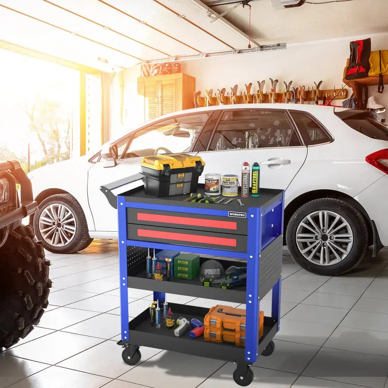 WORKPRO 28-Inch Rolling Tool Cart  Dual-Drawer Industrial Storage with Locking Wheels