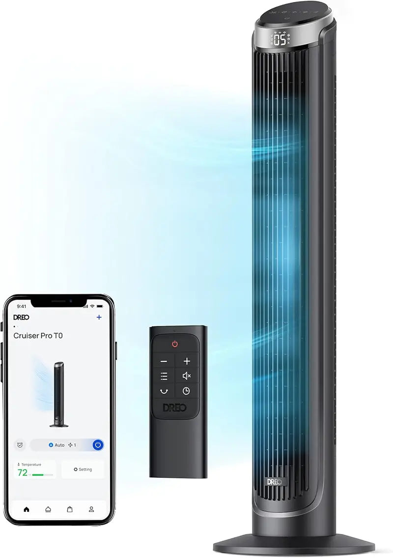 DREO 40″ Silver Smart Tower Fan: 90° Oscillation, 5-Speed High-Velocity Airflow, Touch/Remote/APP/Voice Control & 12H Timer