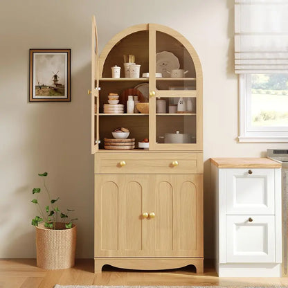 Rustic Arched Kitchen Cabinet  180 cm Tall Glass-Door Pantry with Drawers and Adjustable Interior Shelving