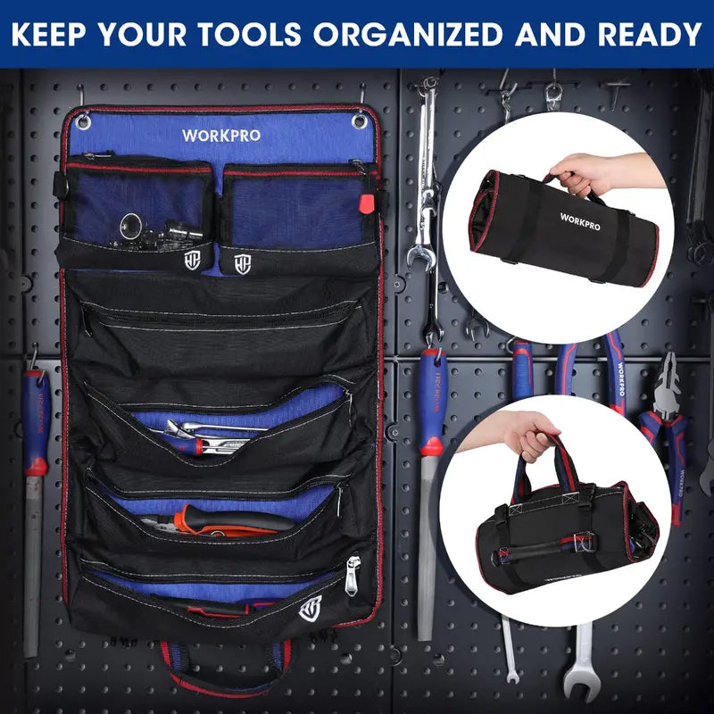 WORKPRO Heavy-Duty Rolling Tool Organizer  6-Pocket Roll-Up Bag with Detachable Pouches