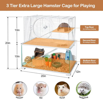 Large 3-Tier Hamster Habitat  Glass Base with Wire Topper, Ramps, Ladders & Waterproof Tray