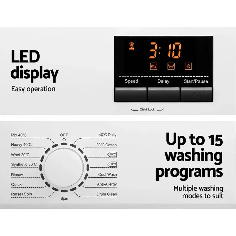 Devanti 8kg Front-Load Washing Machine with Quick Wash and 24-Hour Delay Start