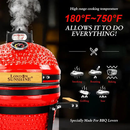 13-Inch Kamado-Style Ceramic Charcoal Grill  Compact Red BBQ Smoker for Patio & Outdoor Cooking