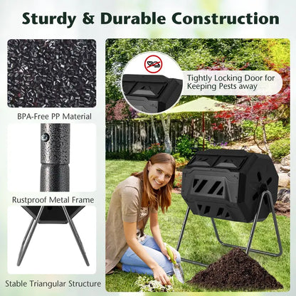 Dual-Chamber Compost Tumbler  42-Gallon Rotating Bin with Sliding Doors & Reinforced Steel Frame