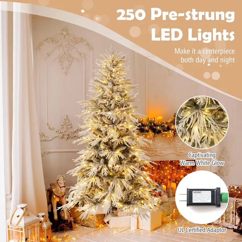 6- to 8-Foot Pre-Lit Snow-Flocked Artificial Christmas Tree Featuring PE and PVC Mixed-Tip Branches