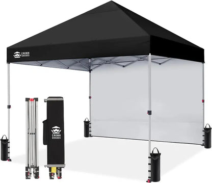 CROWN SHADES 10′ x 10′ Pop-Up Canopy with Single Sidewall: Portable Event Shelter for Parties, Campgrounds, and Outdoor Markets — Includes STO-N-Go Carry Bag