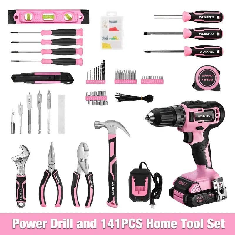WORKPRO 20V Pink Cordless Drill Driver + 141-Piece Home Tool Kit  Pink Ribbon Bundle