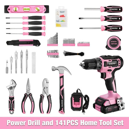 WORKPRO 20V Pink Cordless Drill Driver + 141-Piece Home Tool Kit  Pink Ribbon Bundle