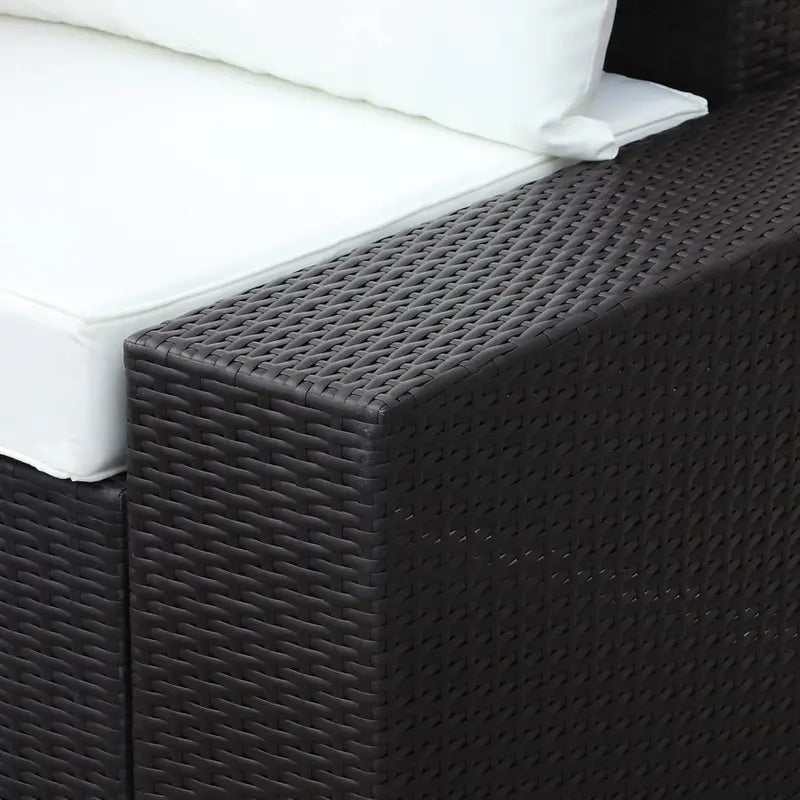 6-Piece PE Rattan Patio Furniture Set with Beige Cushions & Fan-Shaped Glass Coffee Table