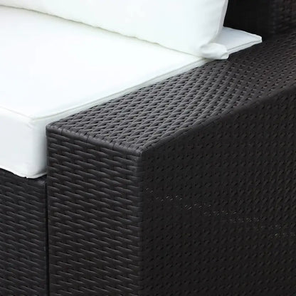 6-Piece PE Rattan Patio Furniture Set with Beige Cushions & Fan-Shaped Glass Coffee Table