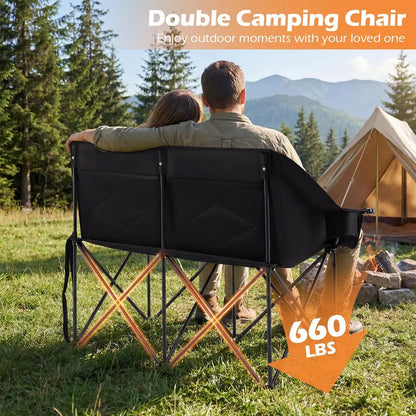 Dual-Seater Camping Chair with Cup Holders, Glass Racks & Mesh Storage
