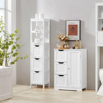 Yaheetech Freestanding Bathroom Floor Cabinet  Two-Drawer White Wooden Organizer with Side Rack & Shelf