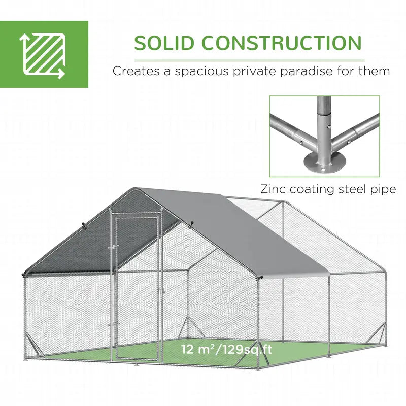 PawHut Large Metal Chicken Coop, Walk-in Poultry Cage Galvanized Hen Playpen House with Cover and Lockable Door for Outdoor, Backyard Farm, 10′ x 13′ x 6.5′, Silver
