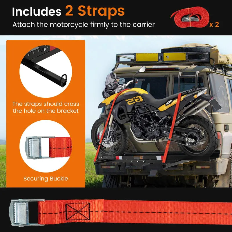 Heavy-Duty Motorcycle Carrier with Hitch Mount, Ramp, and 600 LB Capacity