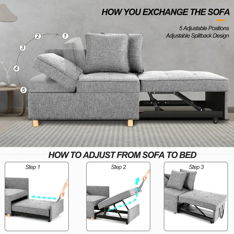 SEJOV 4-in-1 Convertible Sofa Bed with Adjustable Backrest &amp; Linen Fabric for Small Spaces