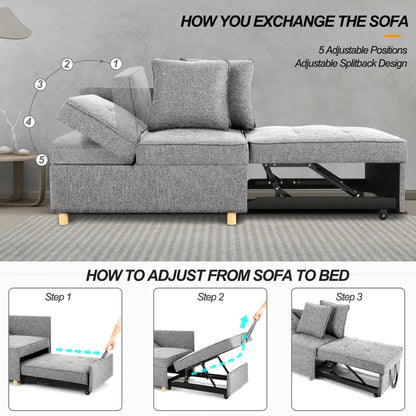 SEJOV 4-in-1 Convertible Sofa Bed with Adjustable Backrest &amp; Linen Fabric for Small Spaces