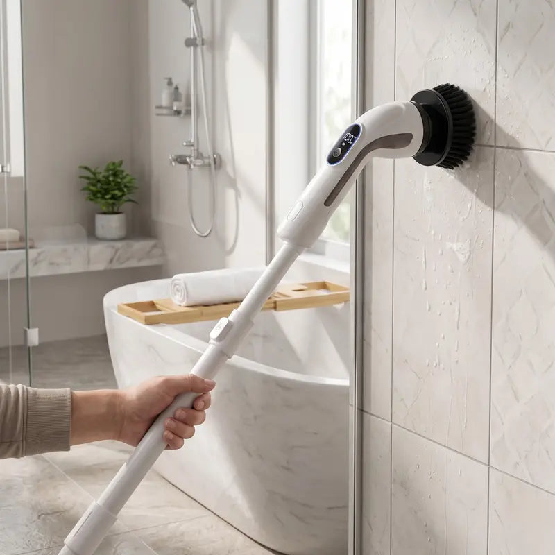 Electric Spin Scrubber with Telescoping Handle and 4 Specialty Cleaning Brush Heads