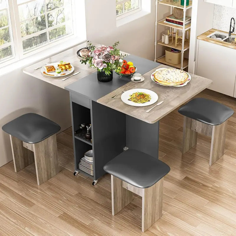 Lamerge Foldable 4-Person Dining Set  Compact Leather-Chair Dining Table with 6 Casters & Beige Upholstery