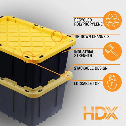 HDX 27-Gallon Black Storage Tote with Yellow Lid, Stackable & Waterproof, 5-Pack