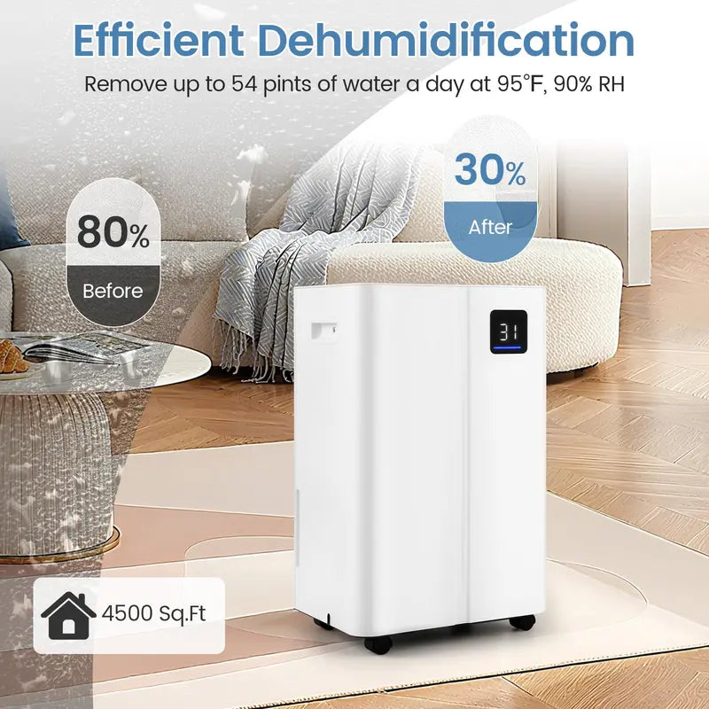 54-Pint Quiet Basement Dehumidifier  4-Liter Tank, Three Operating Modes & Programmable Timer