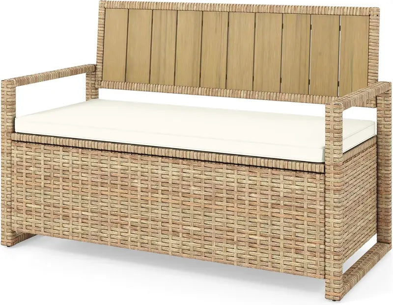 DWVO 70-Gallon All-Weather Storage Bench  Sand Beige Wicker Deck Bench with Cushion and Composite Wood Backrest