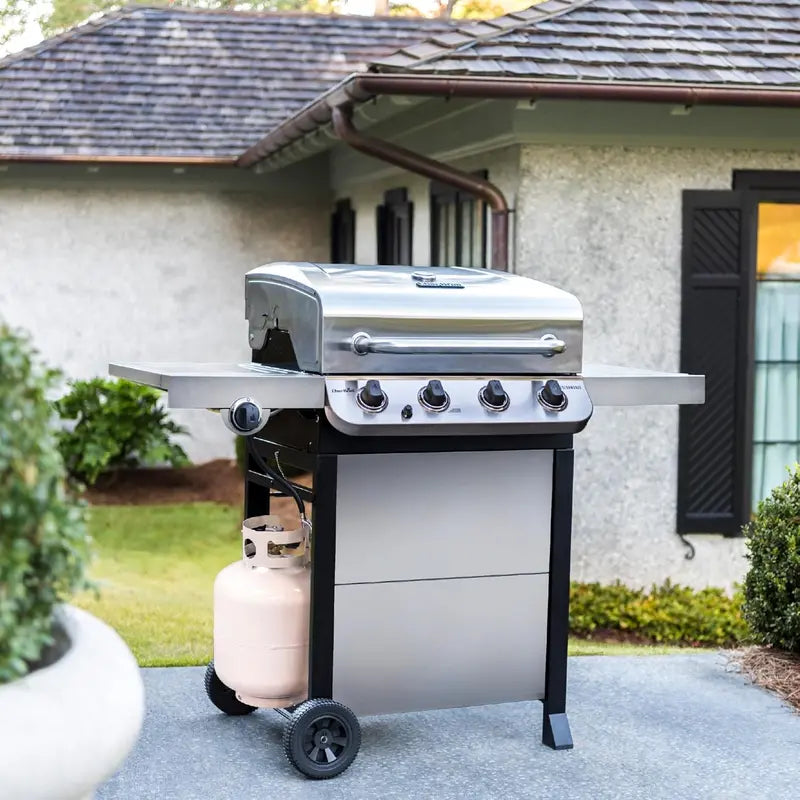 Premium Stainless Steel 4-Burner Gas Grill on Mobile Cart  Even Heat Distribution and Durable Outdoor Cooking Station