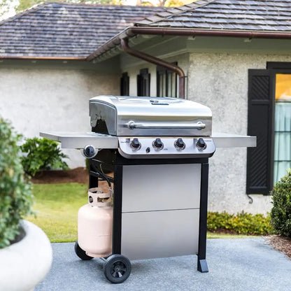 Premium Stainless Steel 4-Burner Gas Grill on Mobile Cart  Even Heat Distribution and Durable Outdoor Cooking Station