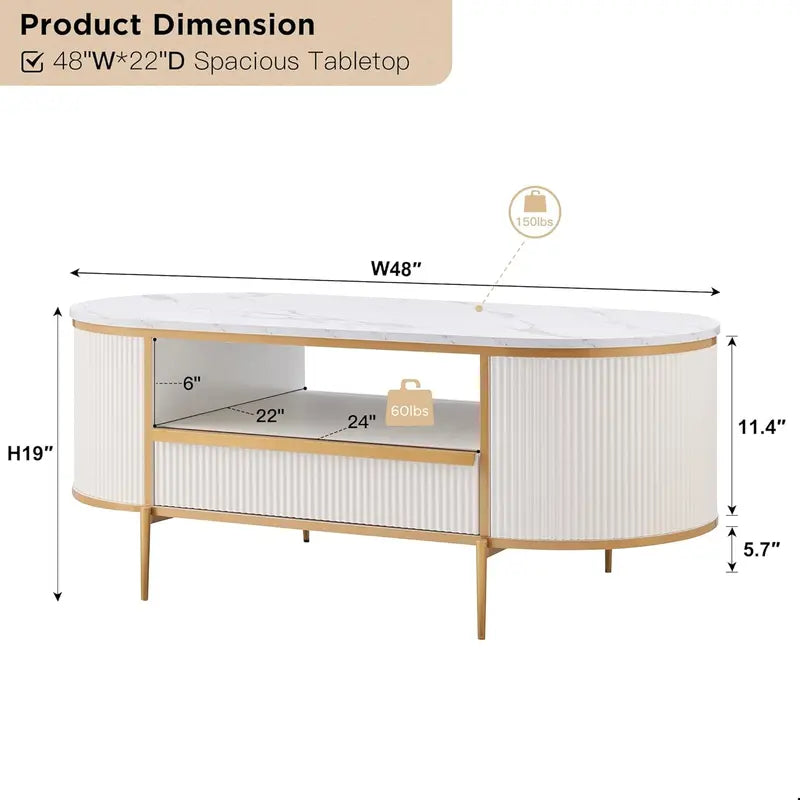 OKD 48-Inch Oval Grooved Coffee Table  Imitation Marble Top, Gold Trim, Curved Contour Design with Drawers