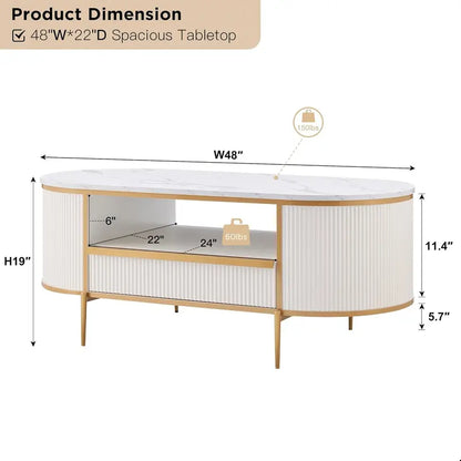 OKD 48-Inch Oval Grooved Coffee Table  Imitation Marble Top, Gold Trim, Curved Contour Design with Drawers