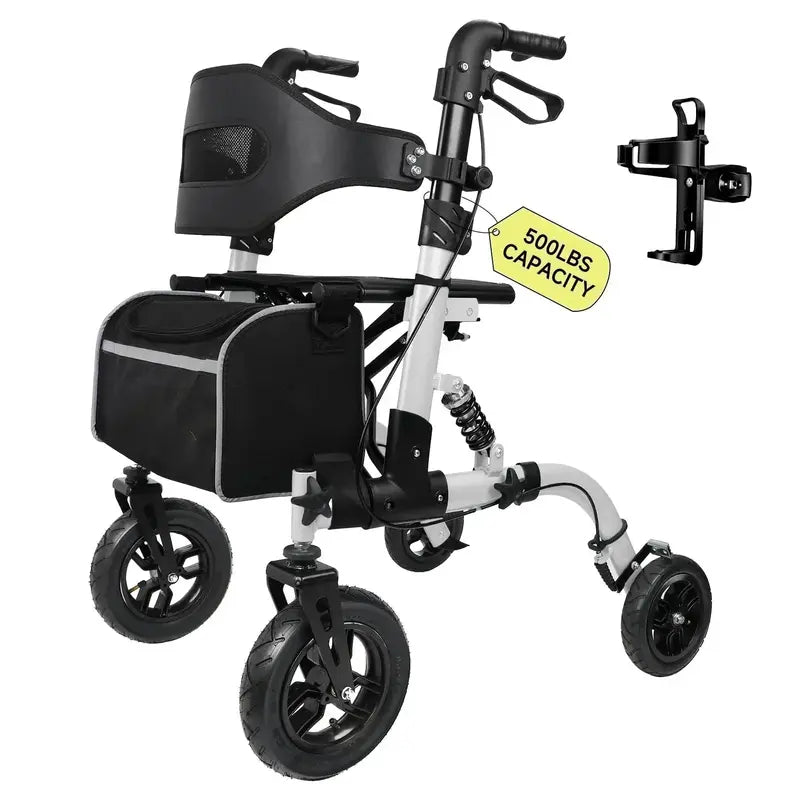 Heavy-Duty Foldable Walker for Seniors — 500-Lb Capacity with Seat & 10″ Rubber Wheels