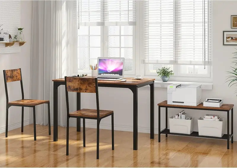 Rustic Brown Space-Saving Dining Set: Wooden Table with Metal Legs, Two Chairs, and One Bench—Designed for Kitchens, Living Rooms, and Compact Dining Areas