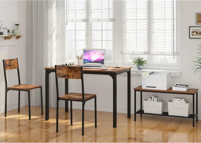 Rustic Brown Space-Saving Dining Set: Wooden Table with Metal Legs, Two Chairs, and One Bench—Designed for Kitchens, Living Rooms, and Compact Dining Areas
