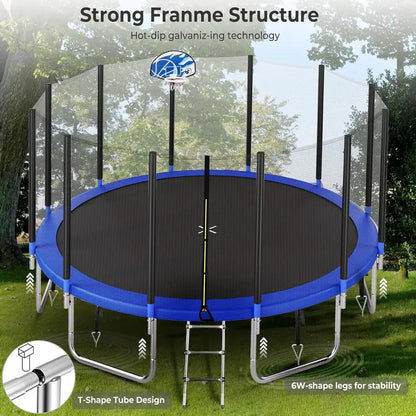 16-Foot Upgraded Trampoline with Enclosure Net and Adjustable Basketball Hoop