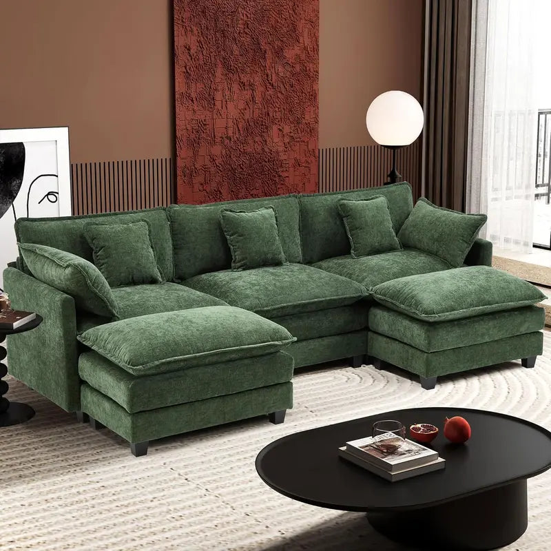 111.4-Inch L-Shaped Modular Cloud Sofa  Chenille 4-Seater with Ottoman & Deep Seat Design