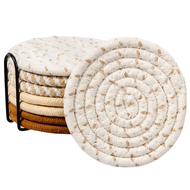 Set of 8 Absorbent Cotton Drink Coasters in 4 Colors + Storage Holder