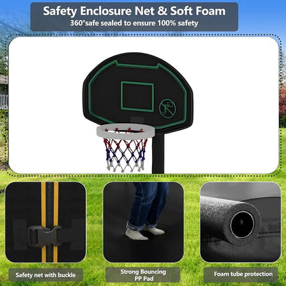 16-Foot Upgraded Trampoline with Enclosure Net and Adjustable Basketball Hoop