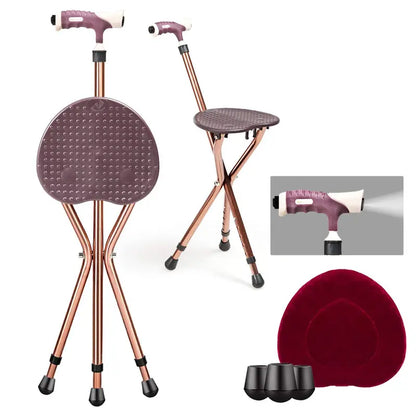 Adjustable Folding Cane Seat  Aluminum Alloy Crutch Chair with LED Light and Tripod Base
