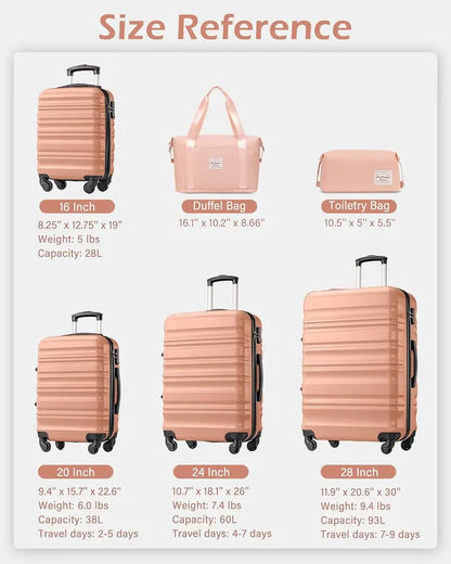 LONG VACATION ABS+PC 6-Piece Luggage Set  Expandable Hardshell Suitcases with YKK Zippers, TSA Locks & 360° Wheels