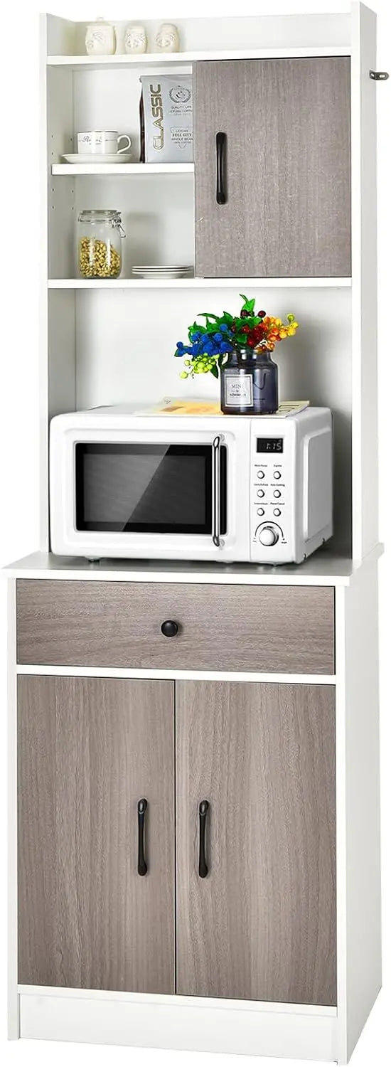 71-Inch White Freestanding Pantry Cabinet with Hutch, Microwave Stand, Adjustable Shelves, and Drawer—Versatile Storage for Kitchens and Dining Rooms