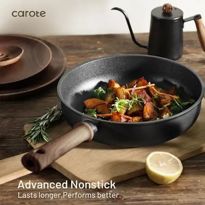 CAROTE 16pc Non-Stick Pots & Pans Set with Stay-Cool Handle  Black Induction Cookware