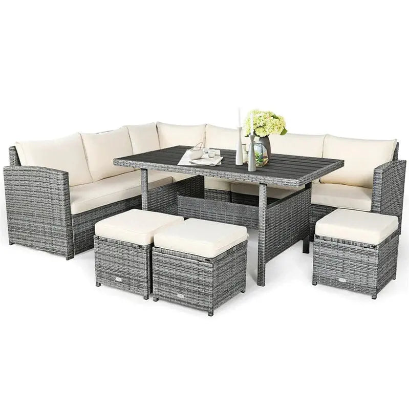 7-Piece Rattan Patio Dining Set  Sectional Sofa, Table, Ottomans & Weather-Resistant Cushions