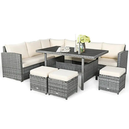 7-Piece Rattan Patio Dining Set  Sectional Sofa, Table, Ottomans & Weather-Resistant Cushions