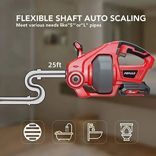 POPULO Electric Drain Auger，25Ft Plumbing Snake Drain Clog Remover Tools, Cordless Drain Cleaner