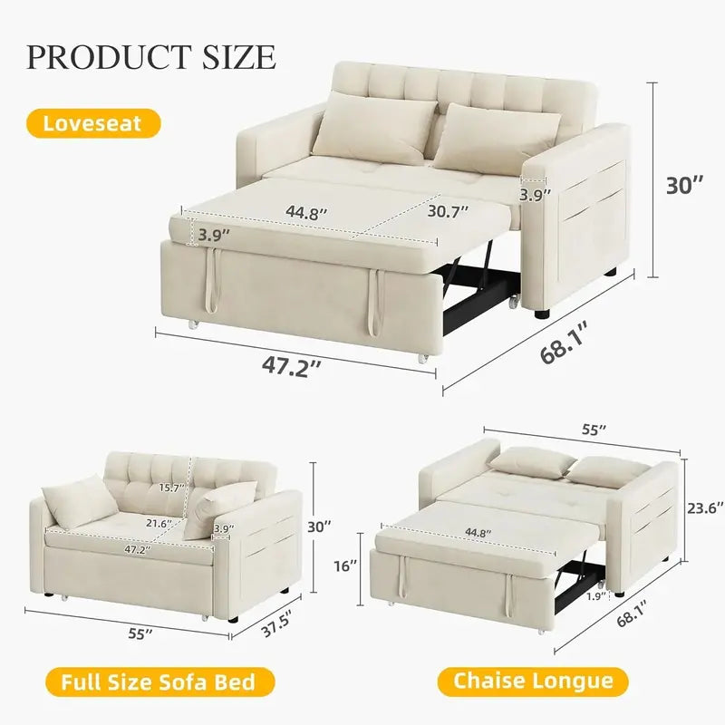 DWVO 3-in-1 Convertible Loveseat  Grey Scratch-Resistant Sleeper Sofa with Adjustable Backrest and Side Storage