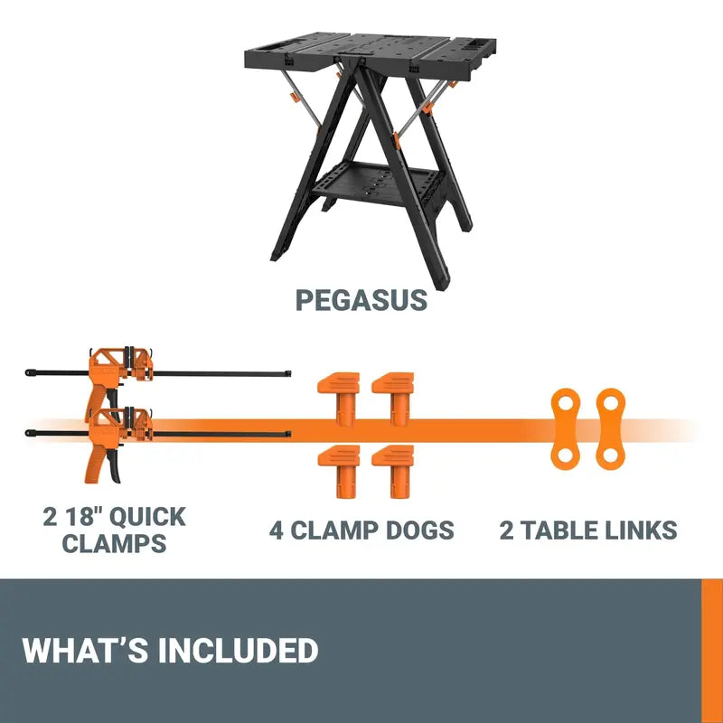 Worx Pegasus 2-in-1 Folding Work Table & Sawhorse with Clamps, 300-1000 lbs Capacity, Portable & Expandable