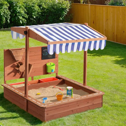 Keezi Wooden Kids Sandpit with Adjustable Canopy & Protective Cover