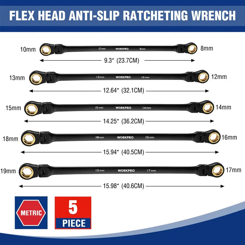WORKPRO 5-Piece Extra-Long Flex-Head Ratcheting Wrench Set — Metric Sizes 819 mm, Rolling Pouch Included