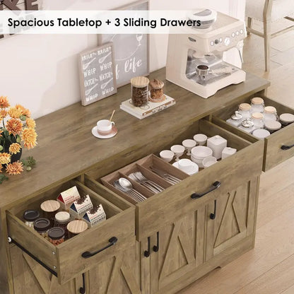 55-Inch Modern Farmhouse Sideboard  Large Storage Buffet with Doors, Shelves & Coffee Bar Style