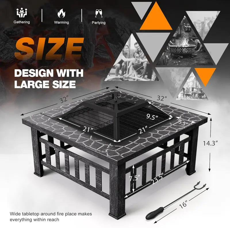 Devoko 32-Inch Outdoor Fire Pit Table  Weather-Resistant Metal Fireplace with Waterproof Cover for Patios