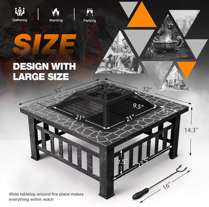 Devoko 32-Inch Outdoor Fire Pit Table  Weather-Resistant Metal Fireplace with Waterproof Cover for Patios